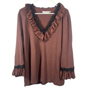 Soft Surroundings Lace Ruffle Trim Chocolate Brown Top 2X